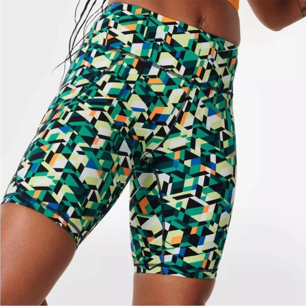 Sweaty Betty Multi-Color Geometric Bike Shorts - Green/Yellow/Blue